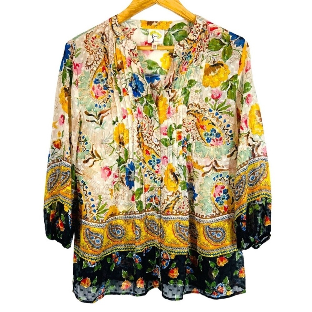 Fig & Flower Top Womens Large Yellow Beige Blue Floral Art Elegant Career Party - Picture 3 of 12